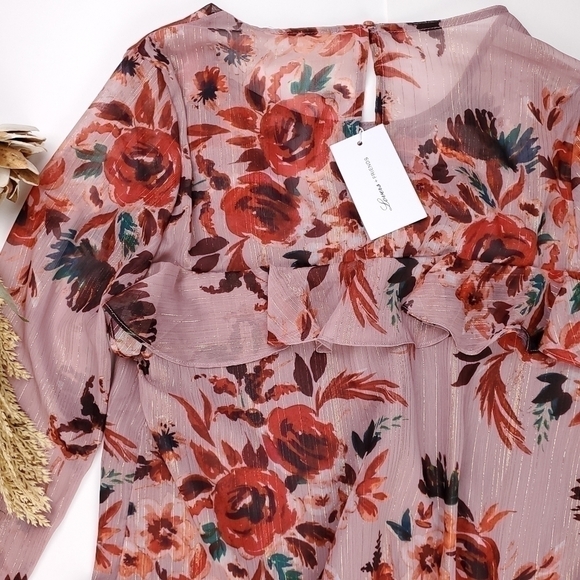 New Lovers + Friends Pink Floral Gold Metallic Stripe Sheer Ruff… - Picture 3 of 16